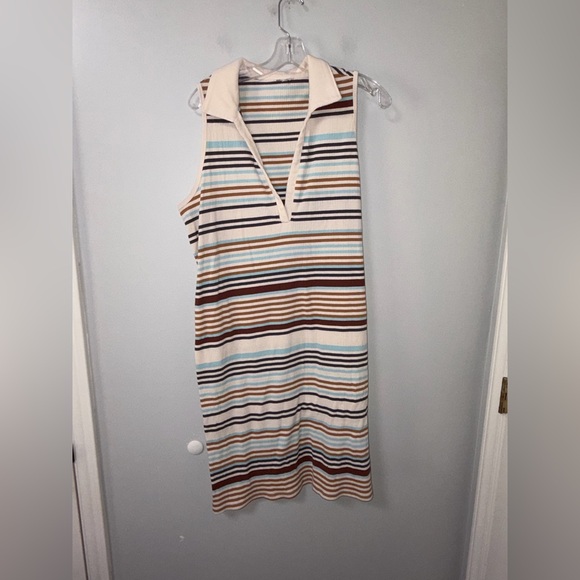 Cato Dresses & Skirts - Cato Multicolor Tan Striped Sleeveless Polo V Neck Ribbed Knit Dress 18/20W